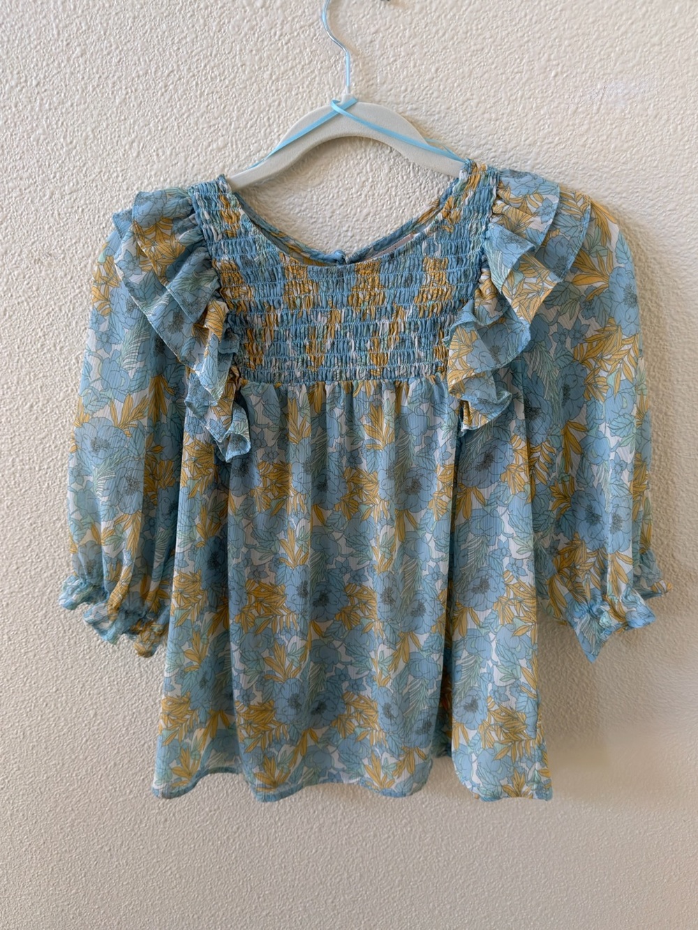 Mi Ami Light Blue & Mustard Floral Smocked Ruffle Blouse